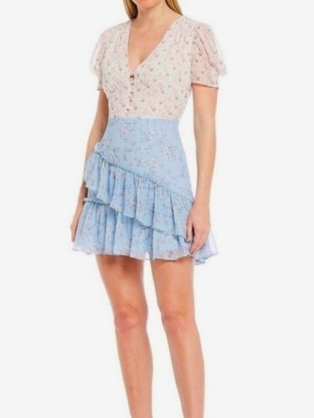 NWT Shabby Chic Floral Tiered Ruffle Mini Dress Large Pastel Colorblock